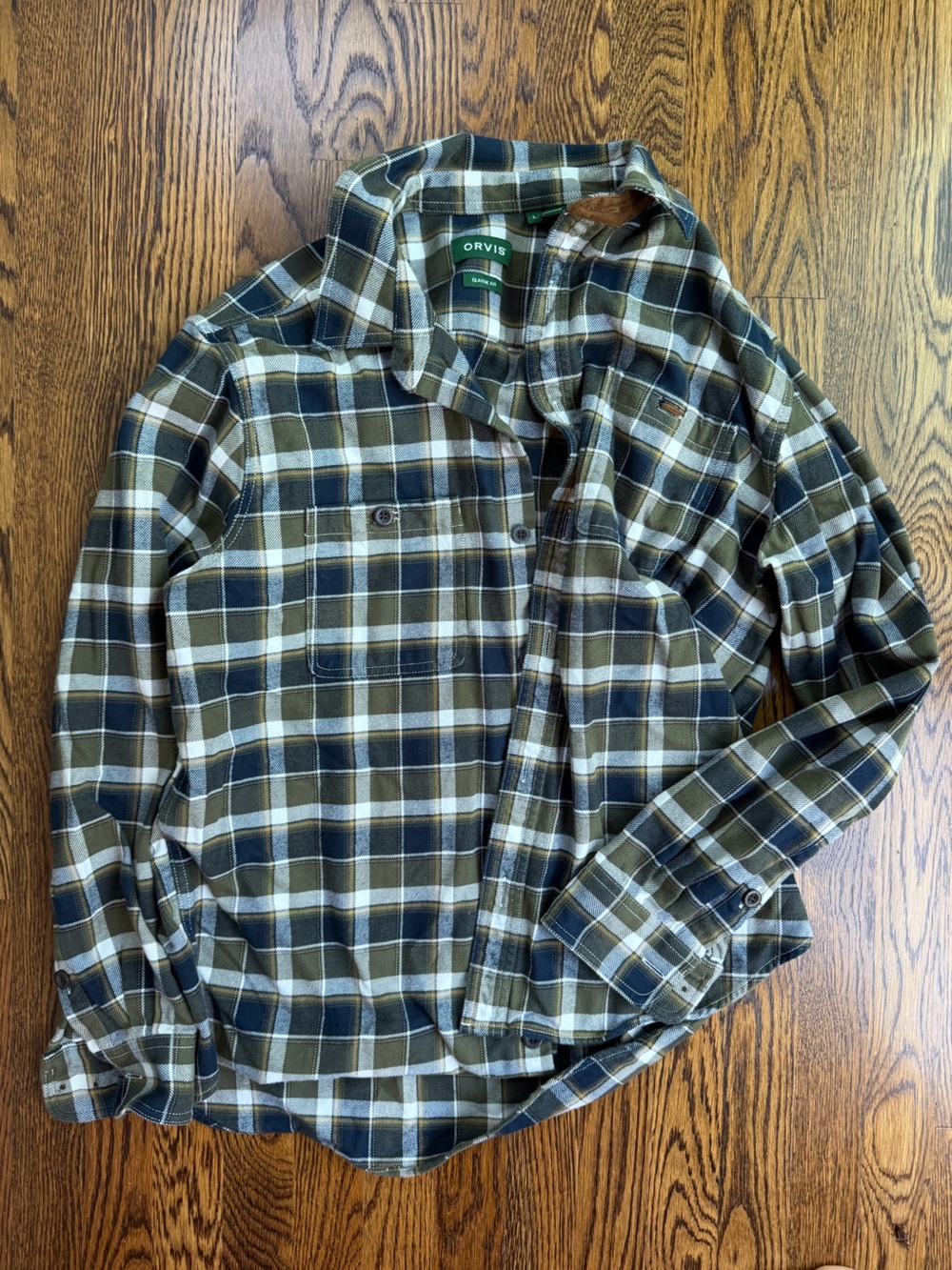 Orvis Olive and Navy Plaid Long-Sleeve Button Down Flannel